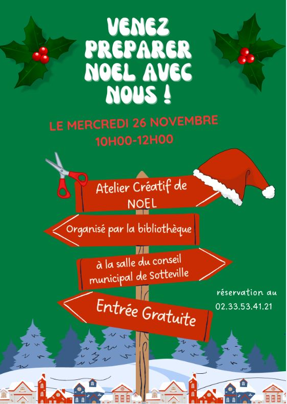 affiche atelier noel 2025 – bibliothèque Sotteville